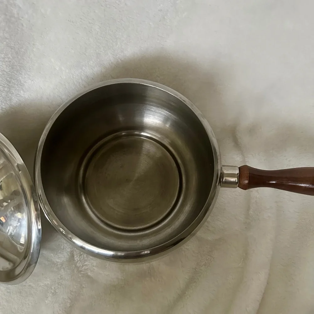 Vintage Mid Century Stainless Steel Fondue Sauce‎ Pot Wood Handle Lid